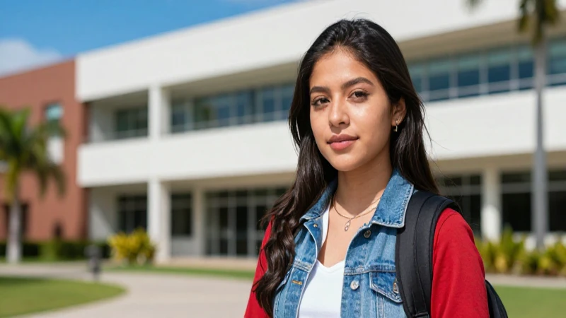 Estudiante mexicana exitosa en campus moderno y vibrante