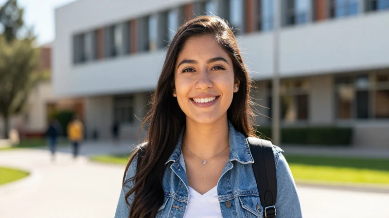 Estudiante mexicana alegre en campus vibrante