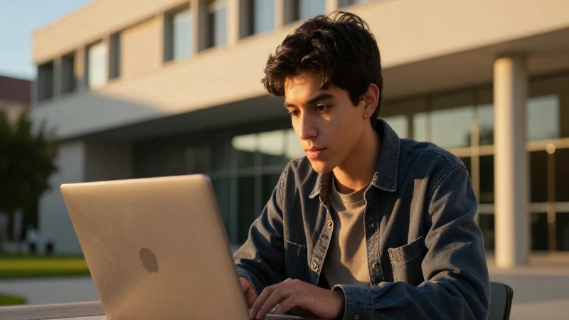 Estudiante mexicano moderno con laptop en luz dorada