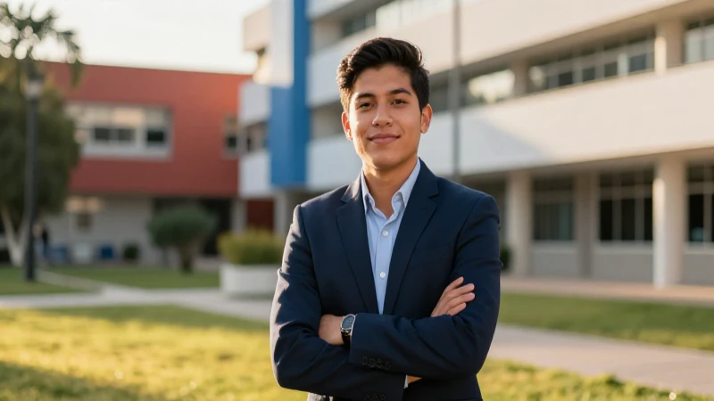 Joven profesional en vibrante campus universitario