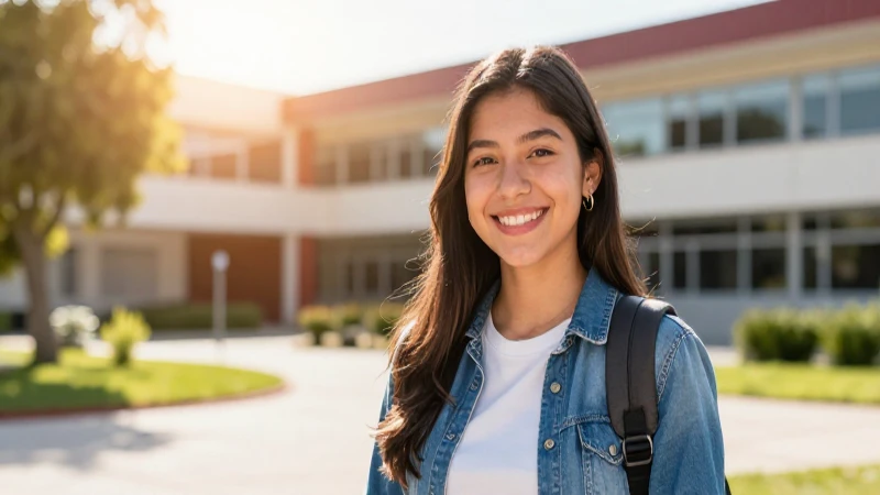 Estudiante mexicano sonríe en moderno campus luminoso