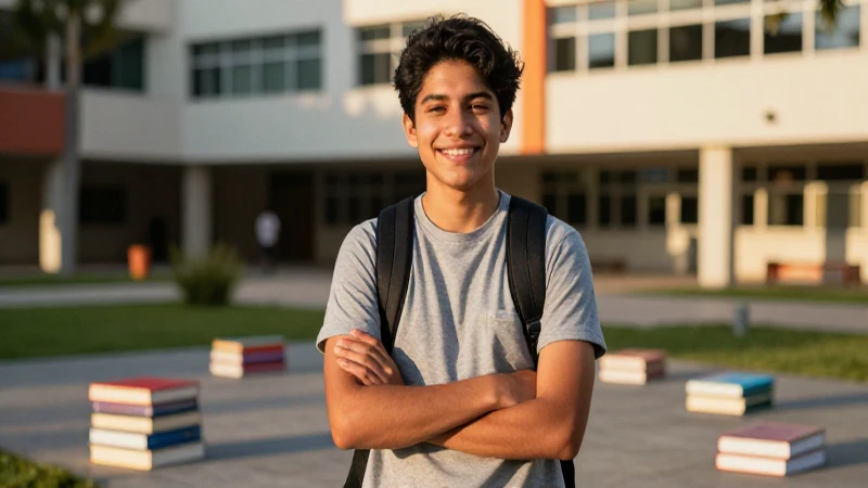 Joven mexicano sonríe en campus vibrante
