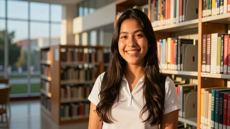 Estudiante mexicano brillante en moderna biblioteca