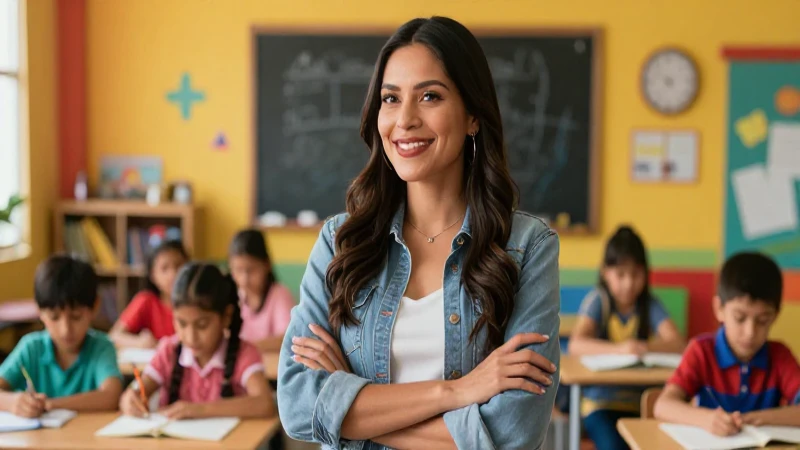 Madre mexicana sonriente en aula moderna