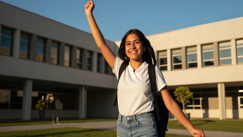 Estudiante mexicano triunfante en campus moderno