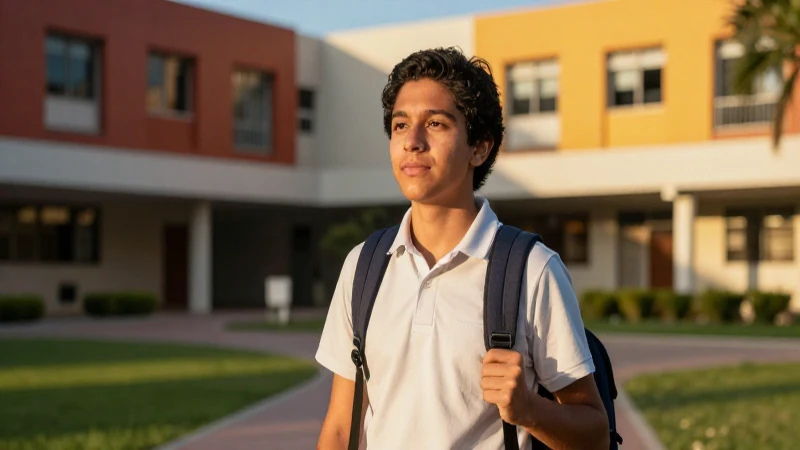 Estudiante mexicano brillante en campus moderno