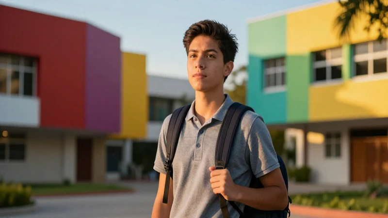 Joven estudiante mexicano en vibrante campus dorado