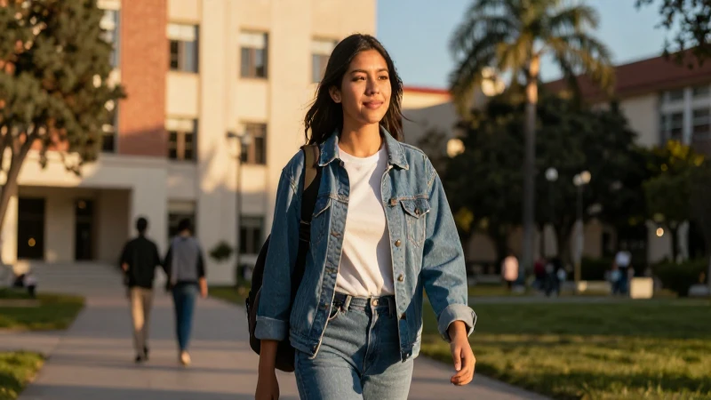 Estudiante mexicano camina por el campus con luz dorada
