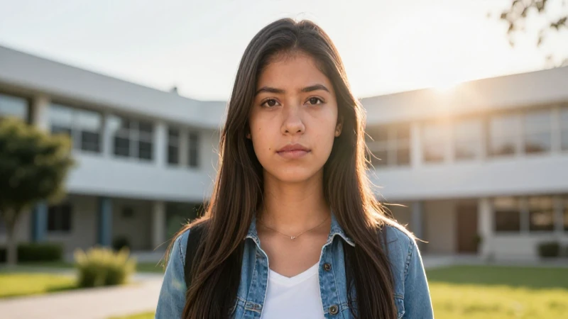 Joven mexicana con determinación en campus moderno al atardecer