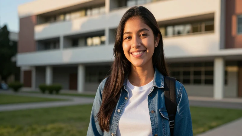 Joven sonriente en campus universitario moderno