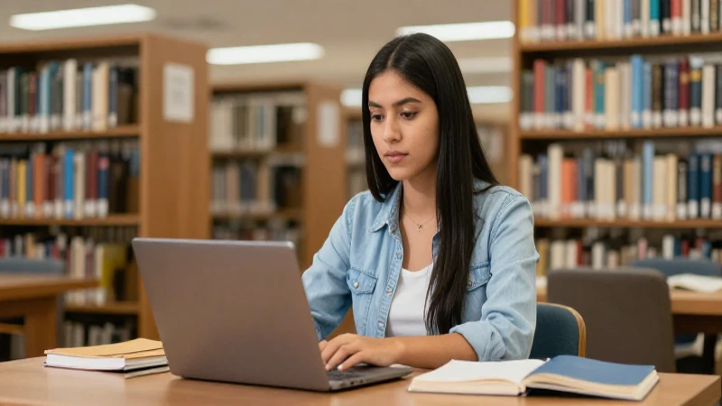 Estudiante mexicana concentrada en biblioteca