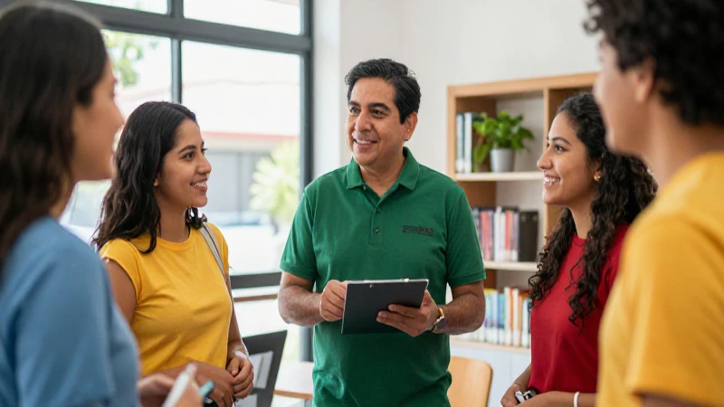 Profesor mexicano guía a estudiantes en el campus moderno