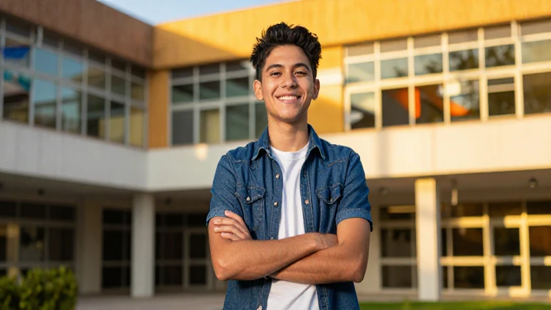 Joven mexicano con sonrisa moderna en campus tecnológico