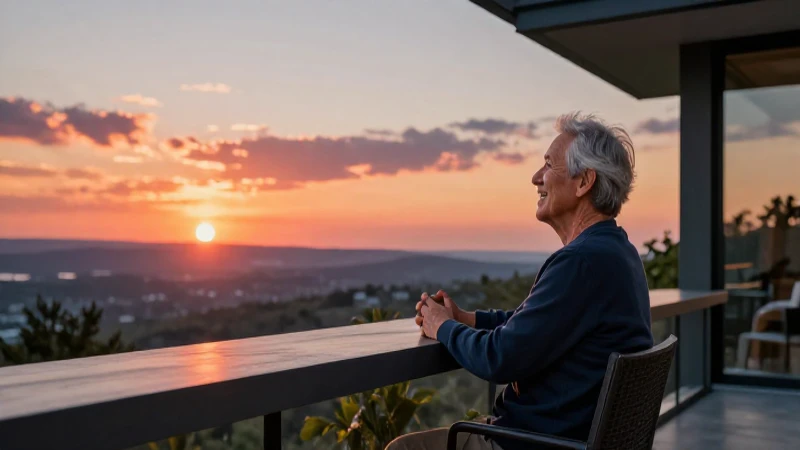 Senior feliz ve hermoso atardecer