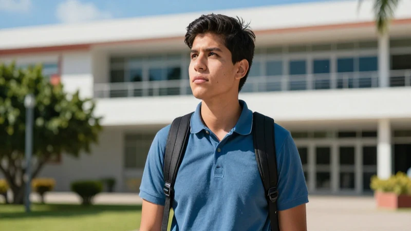 Estudiante mexicana determinada en campus moderno
