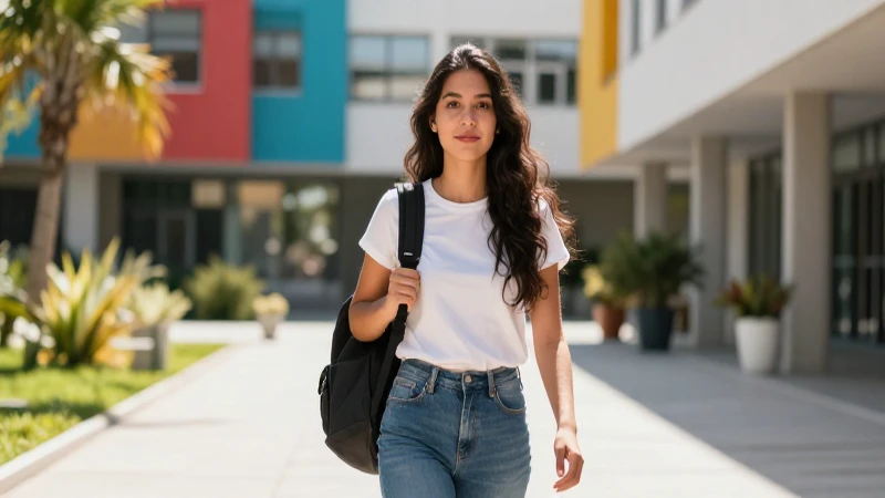 Joven estudiante mexicana camina en un campus soleado