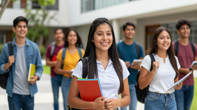 Estudiantes mexicanos sonriendo en un moderno campus vibrante