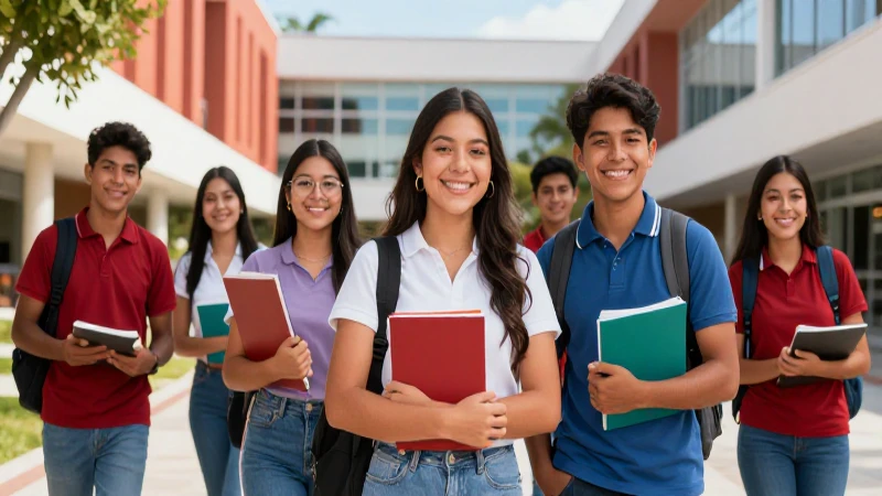 Estudiantes mexicanos felices en campus moderno