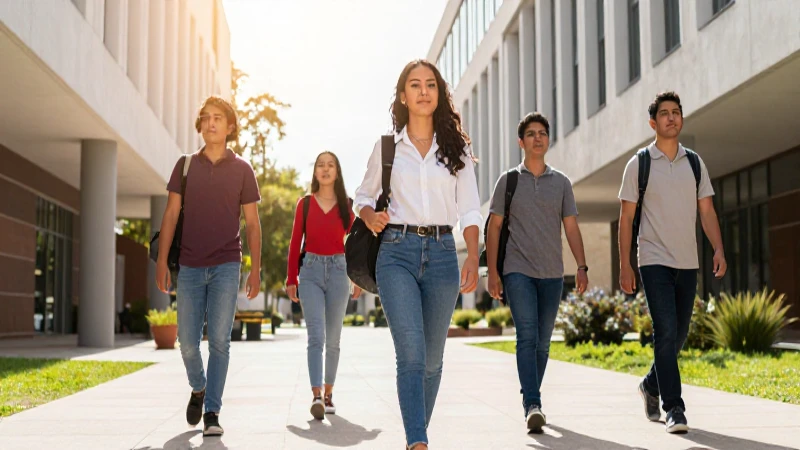Estudiante mexicano camina con confianza hacia un futuro brillante