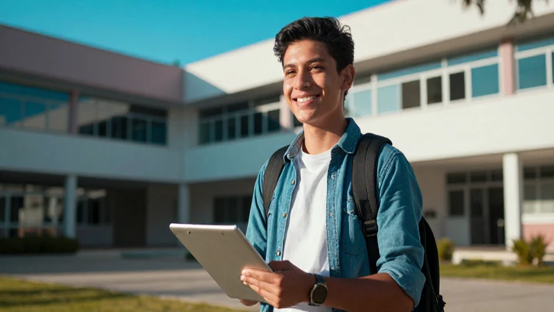 Estudiante mexicano optimista en campus vibrante