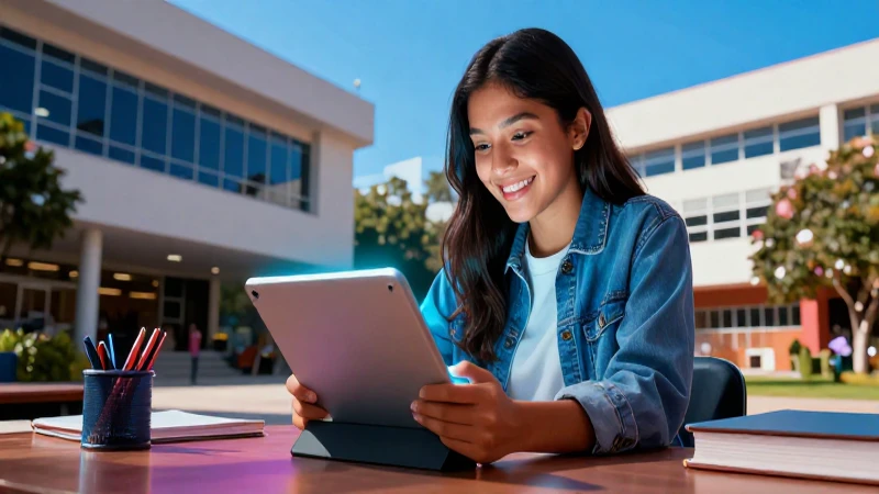 Estudiante mexicano exitoso estudia en campus moderno