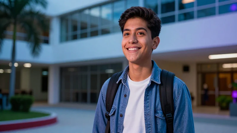 Estudiante mexicano sonriente en campus moderno