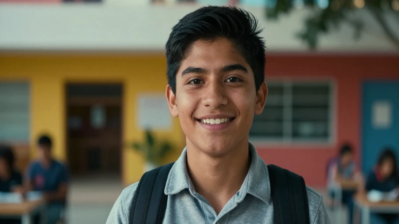 Joven estudiante mexicano sonríe ante la universidad