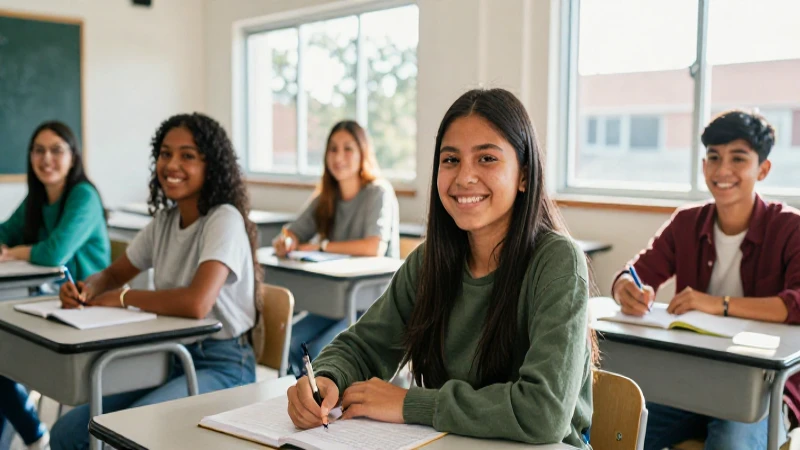 Estudiantes mexicanos felices en una aula moderna y brillante