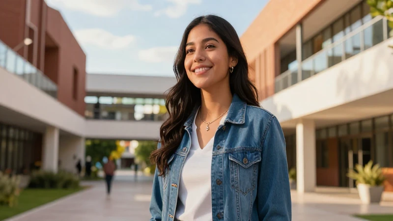 Estudiante mexicano en campus moderno con luz dorada