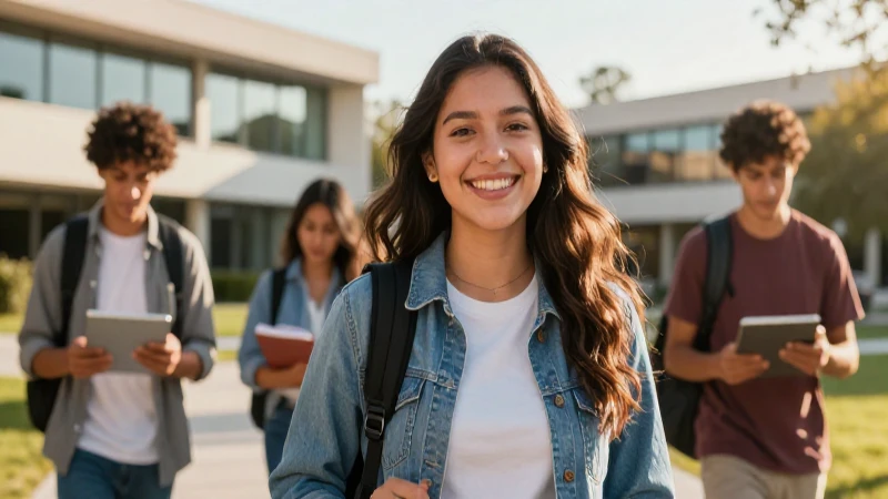 Joven estudiante mexicano sonríe en campus moderno al atardecer
