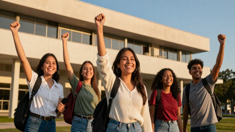 Estudiante sonriente celebra éxito en moderno campus
