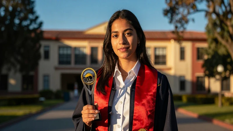 Estudiante mexicana ganadora con atmósfera cinematográfica