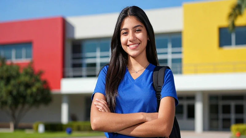Estudiante mexicano exitoso en campus universitario moderno
