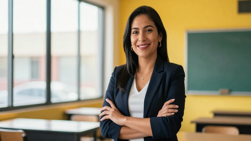 Maestra mexicana con sonrisa confiada en aula moderna