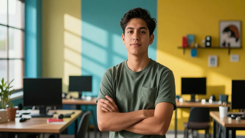 Joven mexicano en taller moderno vibrante