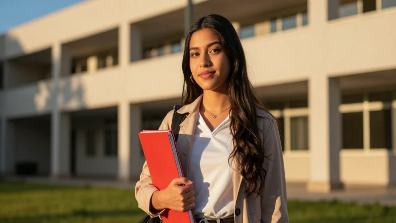 Estudiante mexicana exitosa bajo luz cinematográfica dorada