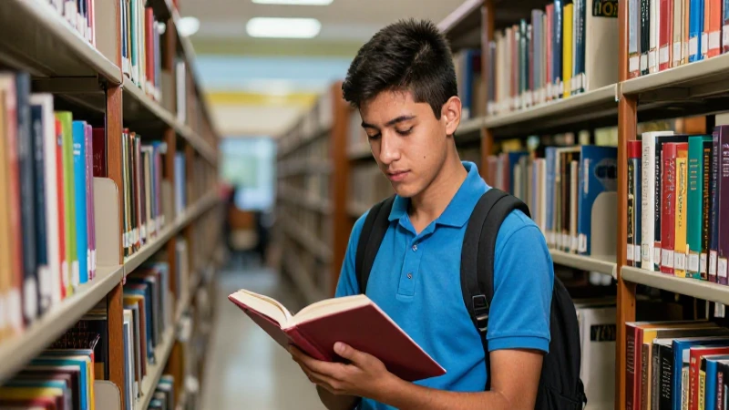 Estudiante mexicano concentrado en biblioteca moderna