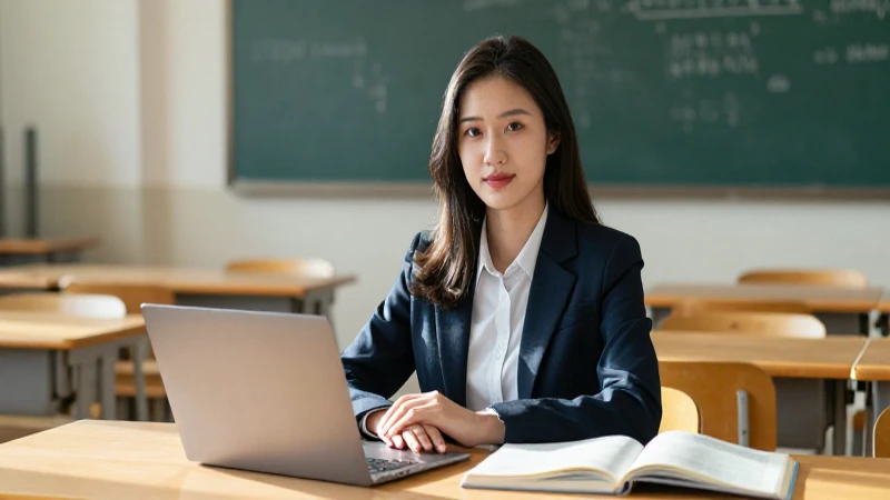 Profesora atractiva en moderno aula universitaria