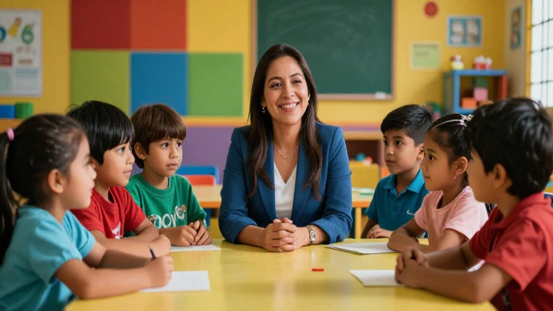 Niños felices con su maestra en aula vibrante