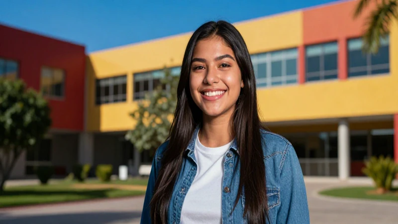 Estudiante mexicano exitoso en campus universitario vibrante