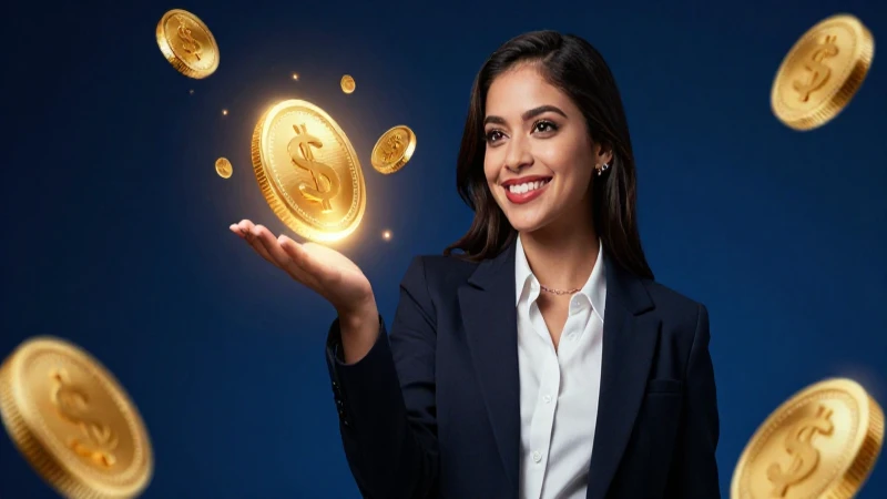 Mujer mexicana sonriente con elementos financieros vibrantes