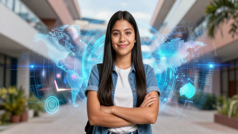 Estudiante mexicano moderno con interfaz digital vibrante