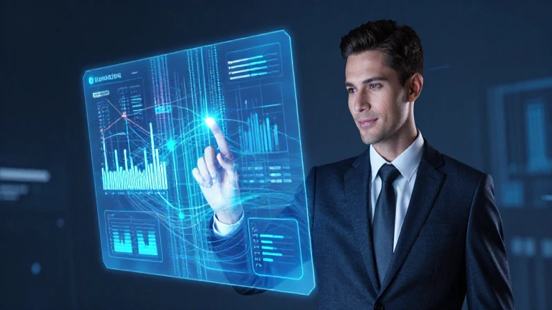 Hombre de traje interactúa con interfaz holográfica financiera