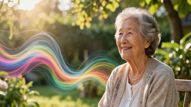 Abuela sonríe en un jardín dorado y pacífico