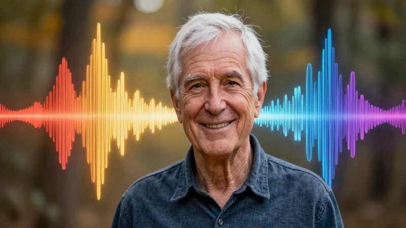 Hombre mayor sonriente con ondas abstractas
