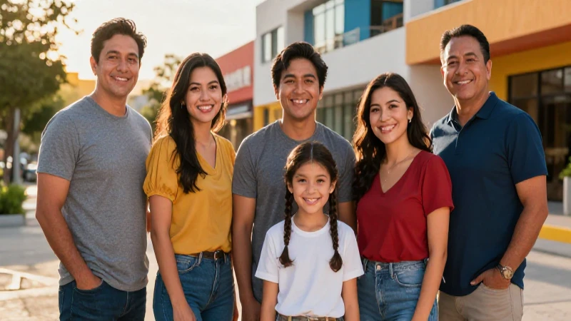 Familia mexicana sonriendo en ambiente vibrante