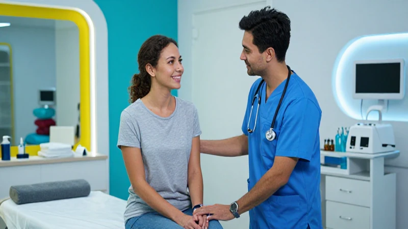 Profesional ayuda a paciente en clínica moderna y vibrante