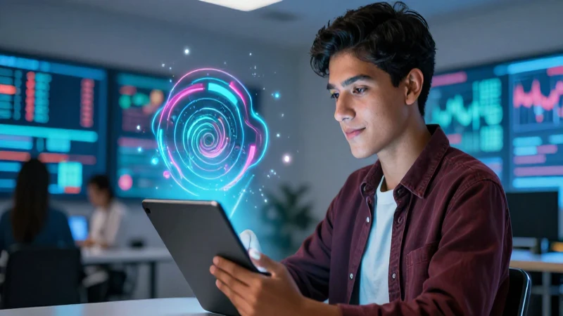 Joven estudiante observa datos financieros avanzados