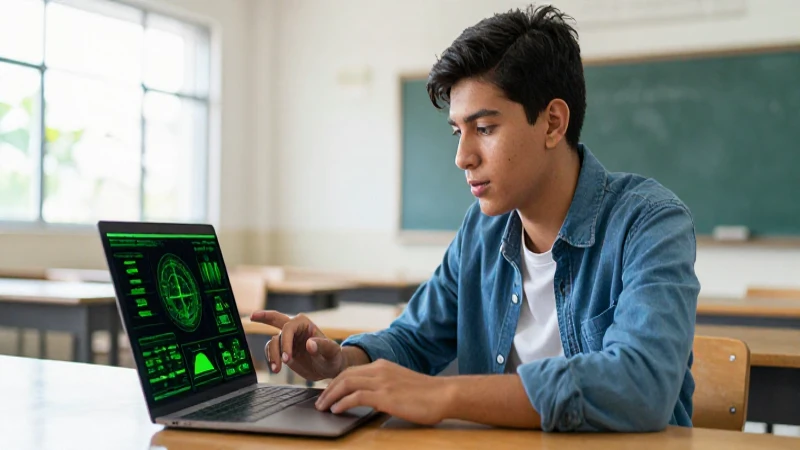 Joven estudiante mexicano en aula con laptop