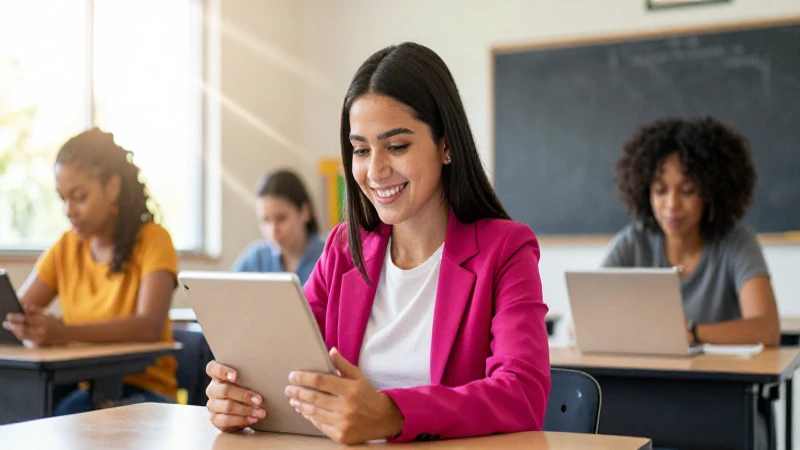 Estudiante mexicana sonriente con tablet en aula moderna